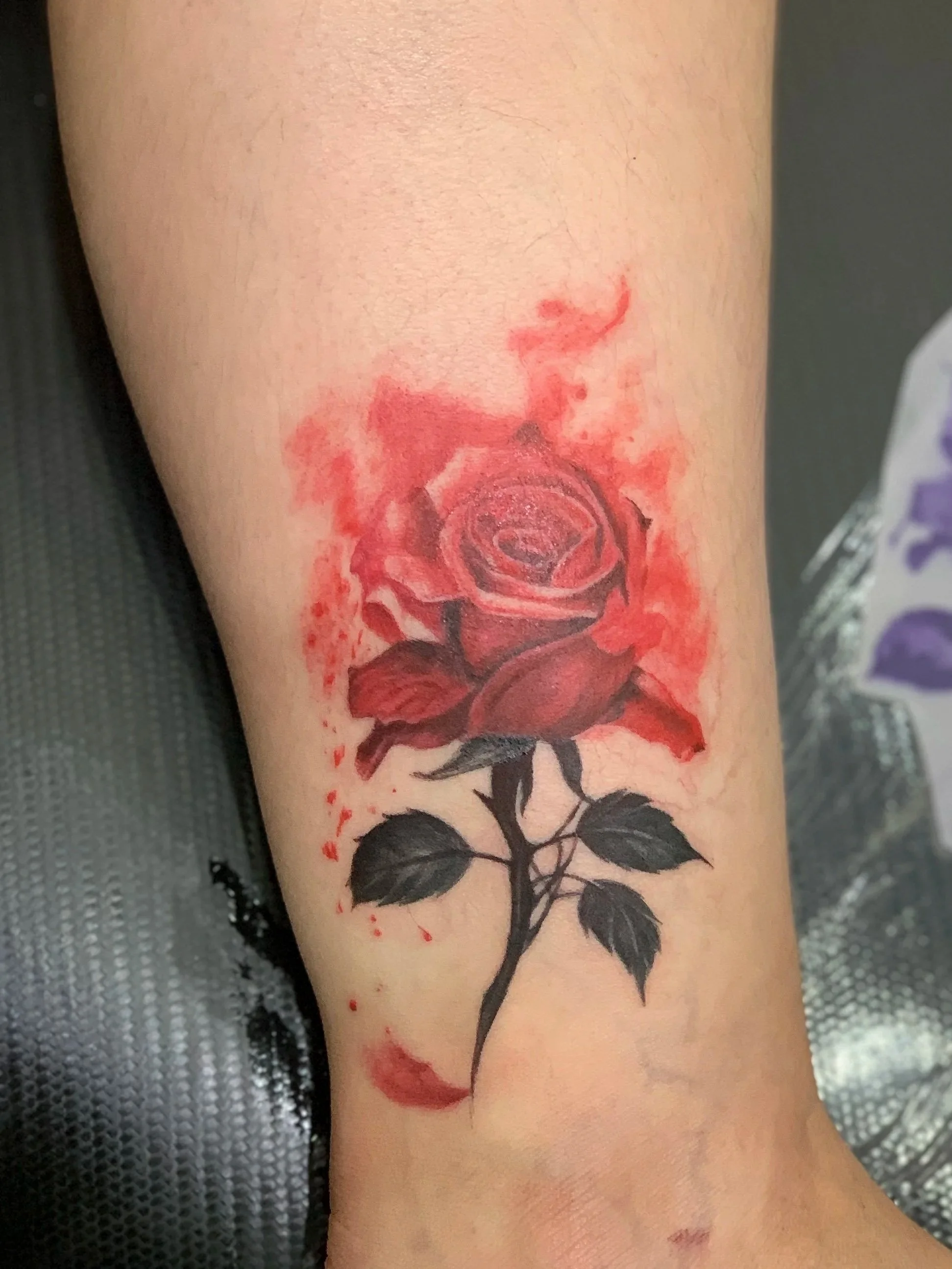 watercolor red rose tattoo on ankle woman tattoo by kidd in cabo san lucas mexico