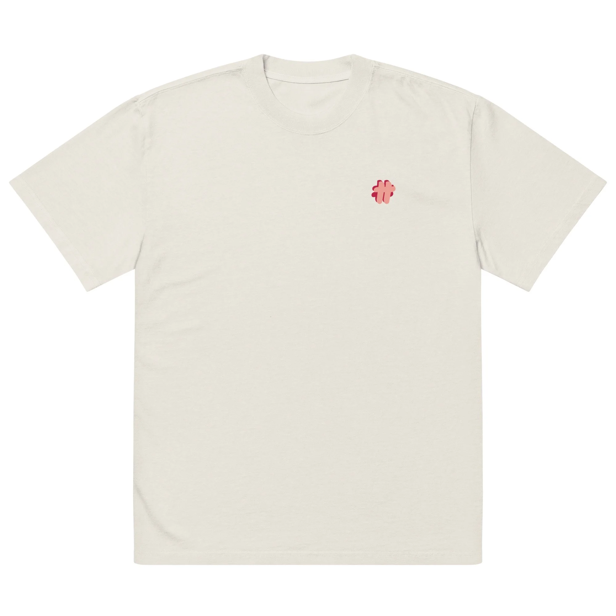 Front of the oversized cream-coloured t-shirt with a small #TeamTranslator logo on the left side of the chest.