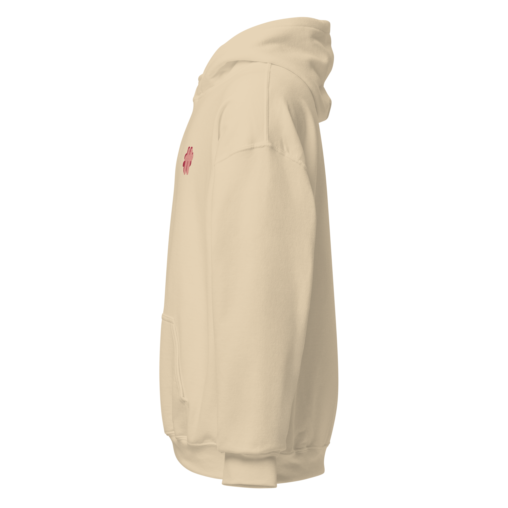 Side view of the sand coloured hoodie with a small #TeamTranslator logo on the left hand side of the chest.