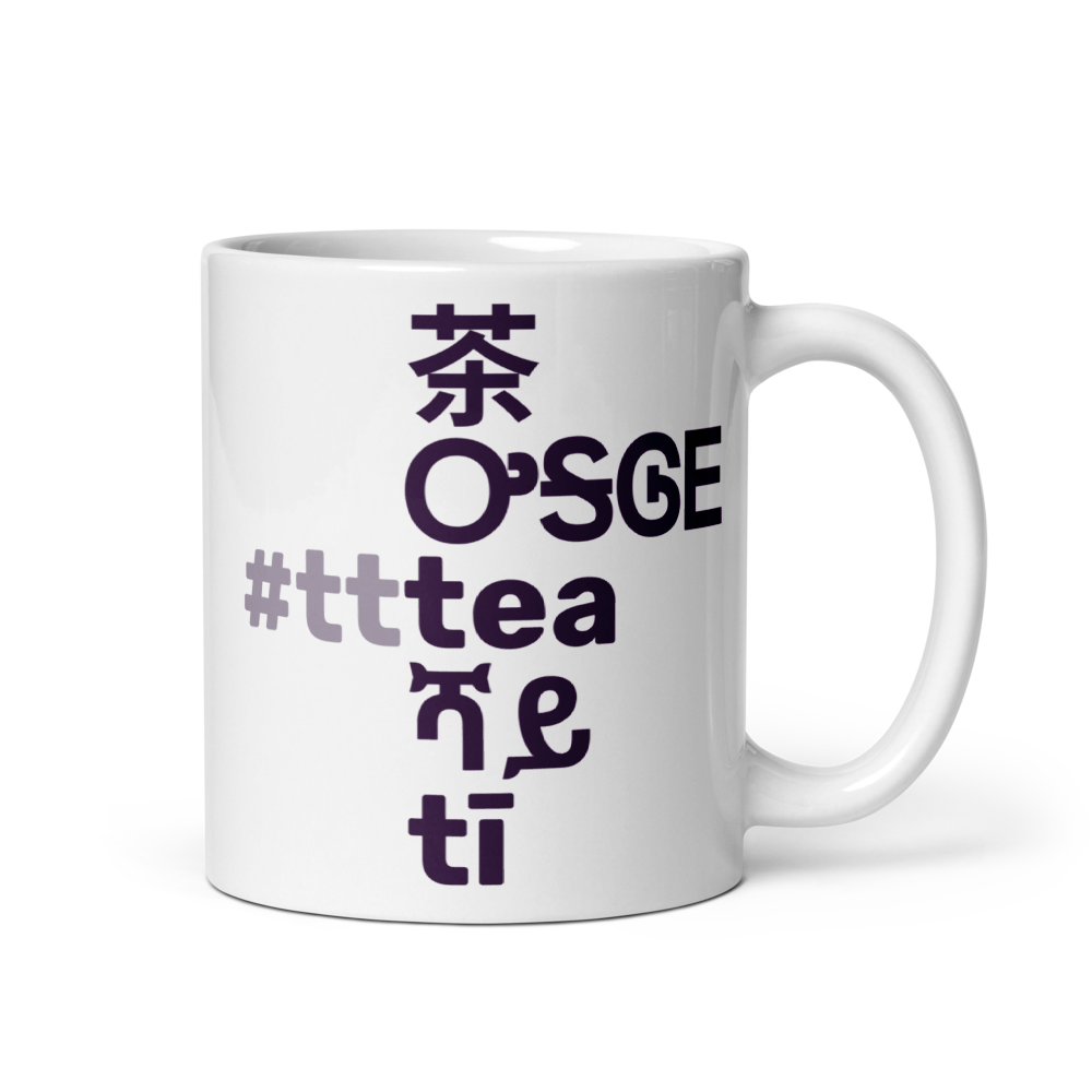 One side of a white mug showing the word tea in 5 different languages. In front of the word "tea" in the middle we have "#tt" in paler colour, so it reads: #TTTea