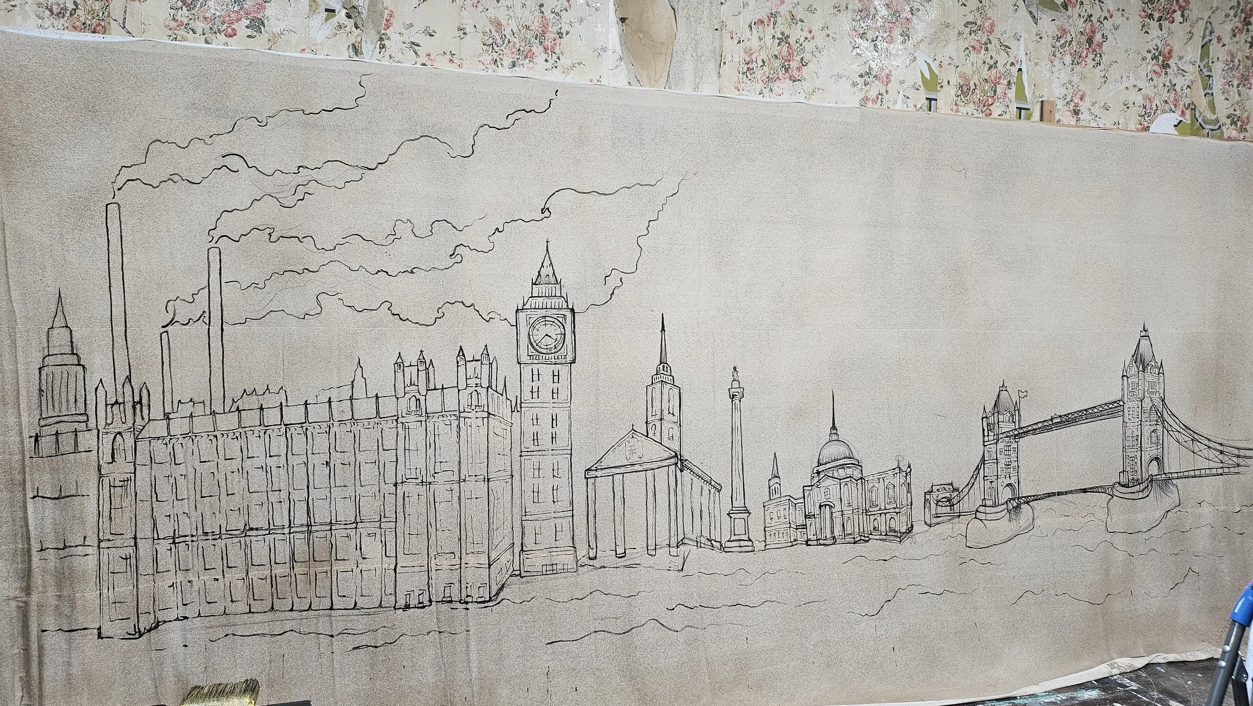 Hand inked London ‘skyline’ on cotton dust sheet