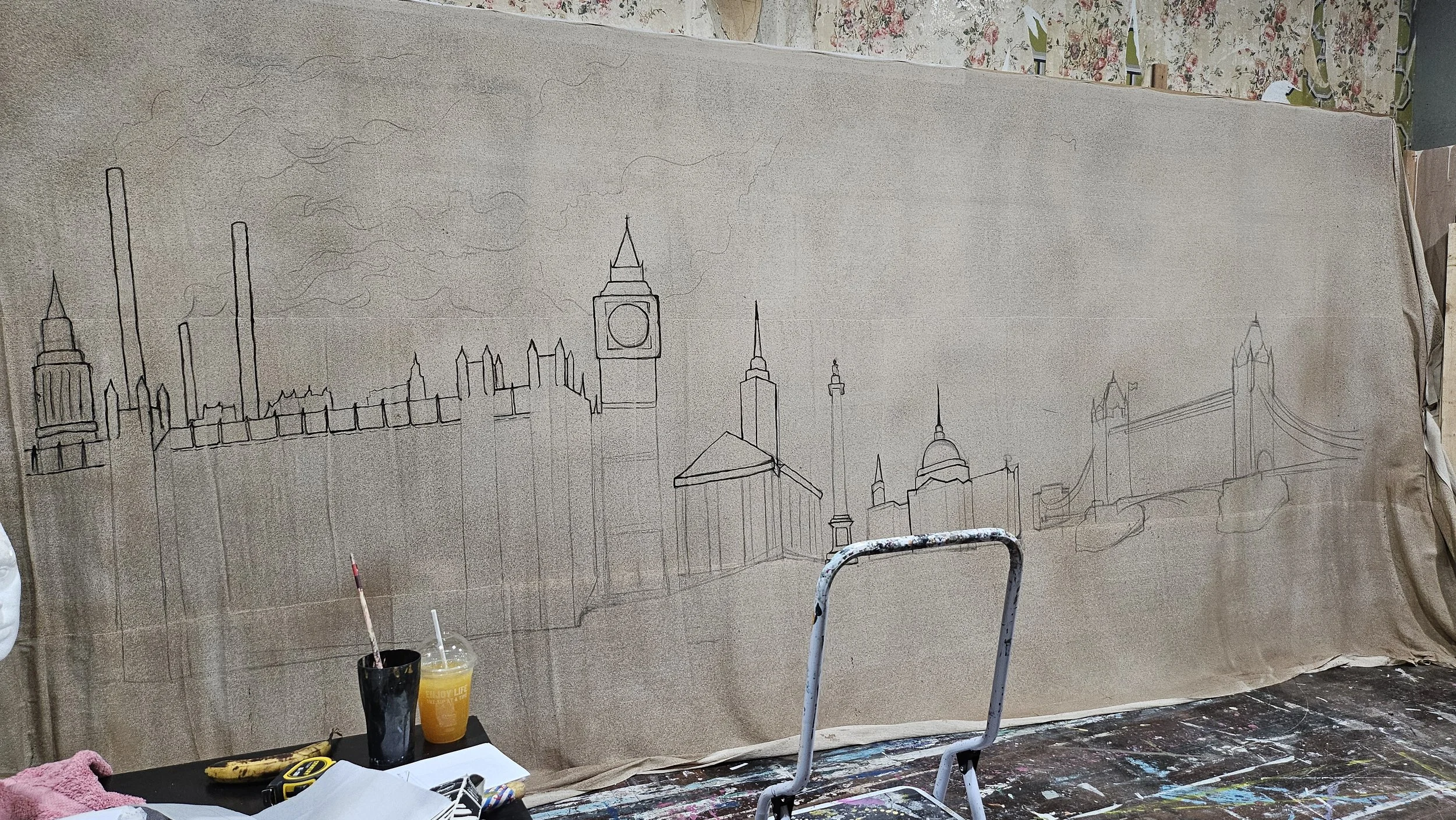Hand inked London ‘skyline’ on cotton dust sheet