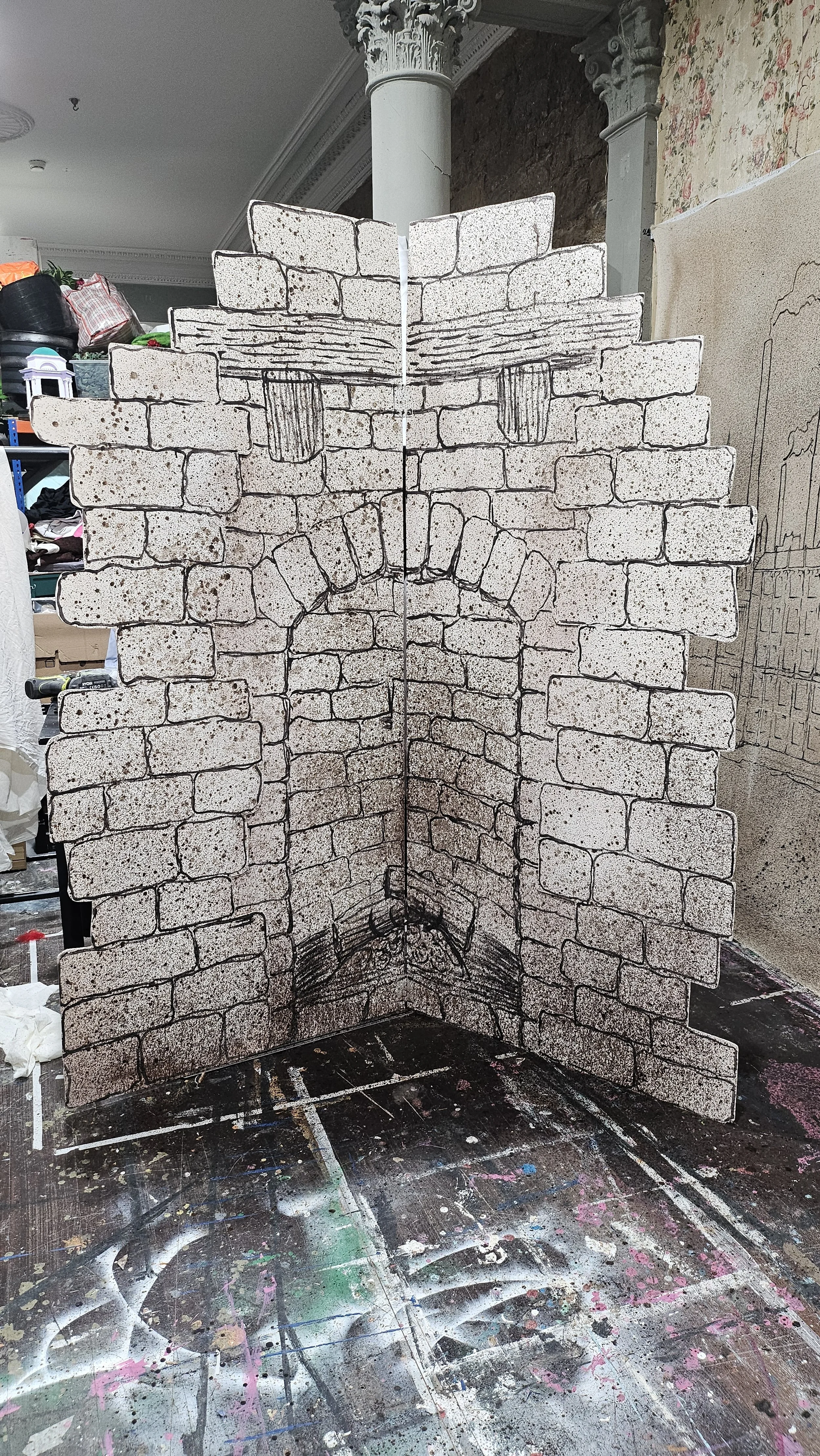 Hand inked illustrated fireplace on wood