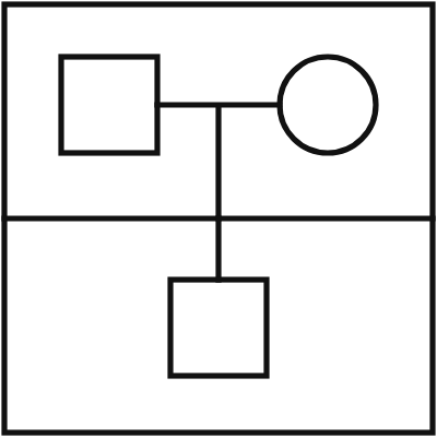 Geometric drawing of an outline square with sections divided by vertical, horizontal, and circle lines.