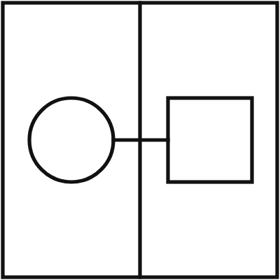 Geometric drawing of an outline square with sections divided by vertical, horizontal, and half circle lines.
