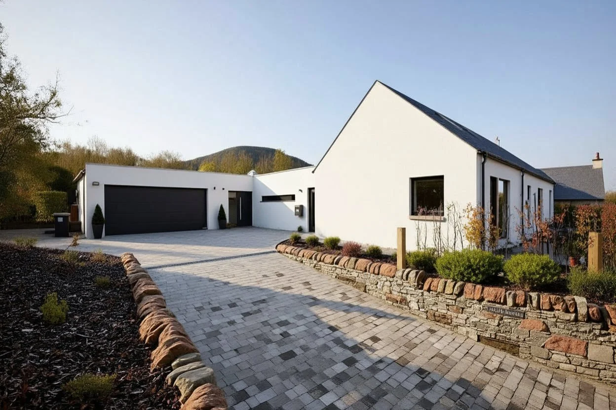 Modern white house with black garage doors and solar panels on the roof, surrounded by landscaped yard with stone borders and shrubbery, in a hilly area.