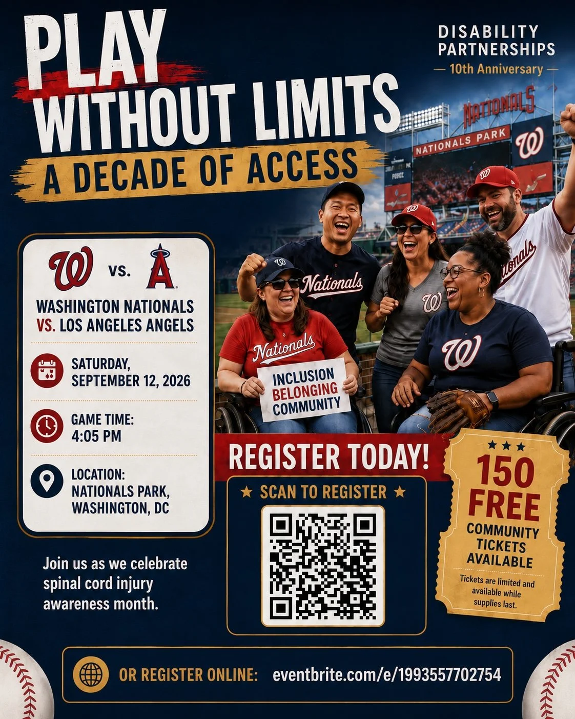 A group of smiling Washington Nationals fans, including a wheelchair user holding a sign that reads Inclusion, Belonging, Community, at Nationals Park