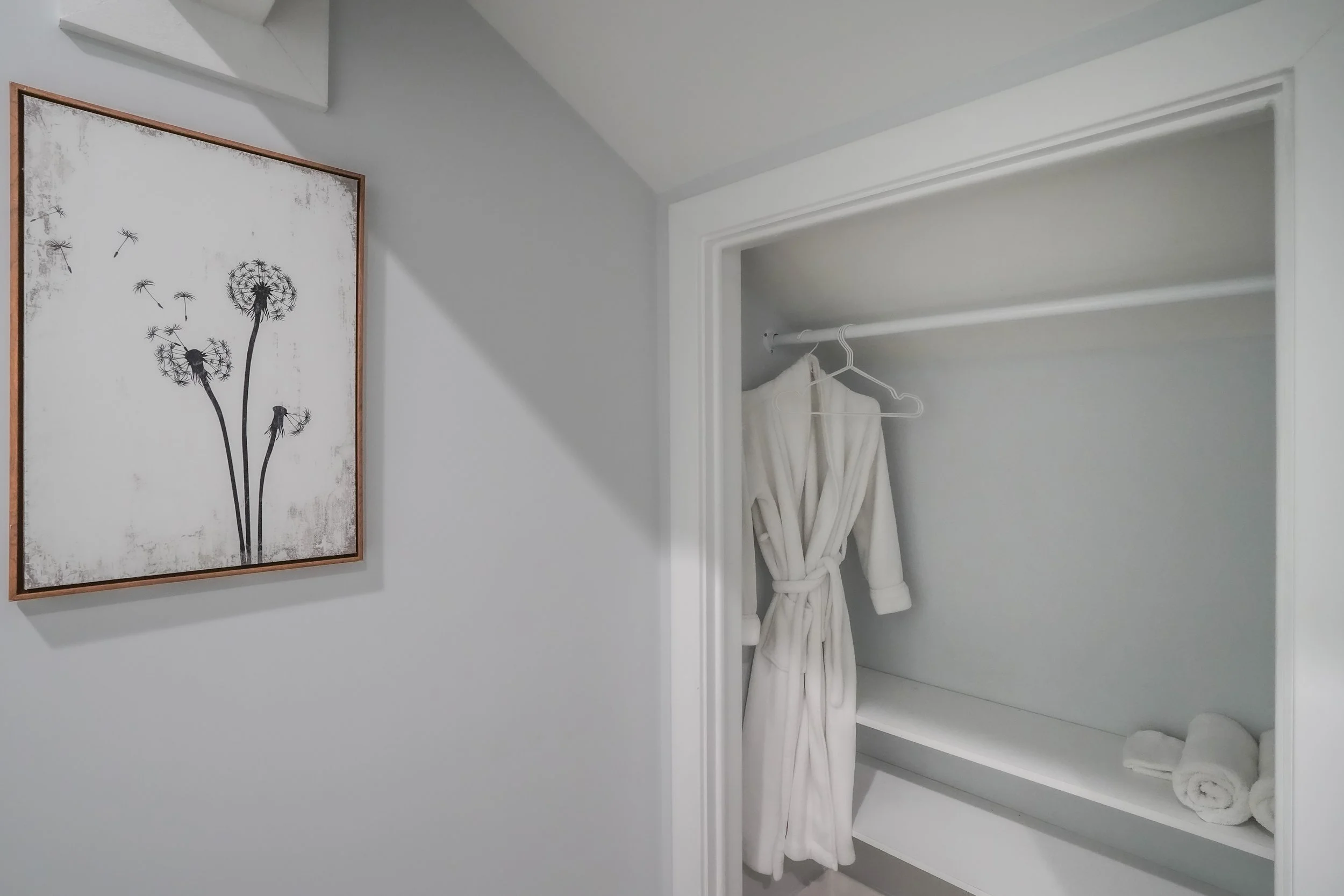 A closet with a hanging bathrobe and rolled white towels, next to a white wall with a framed black and white dandelion artwork.