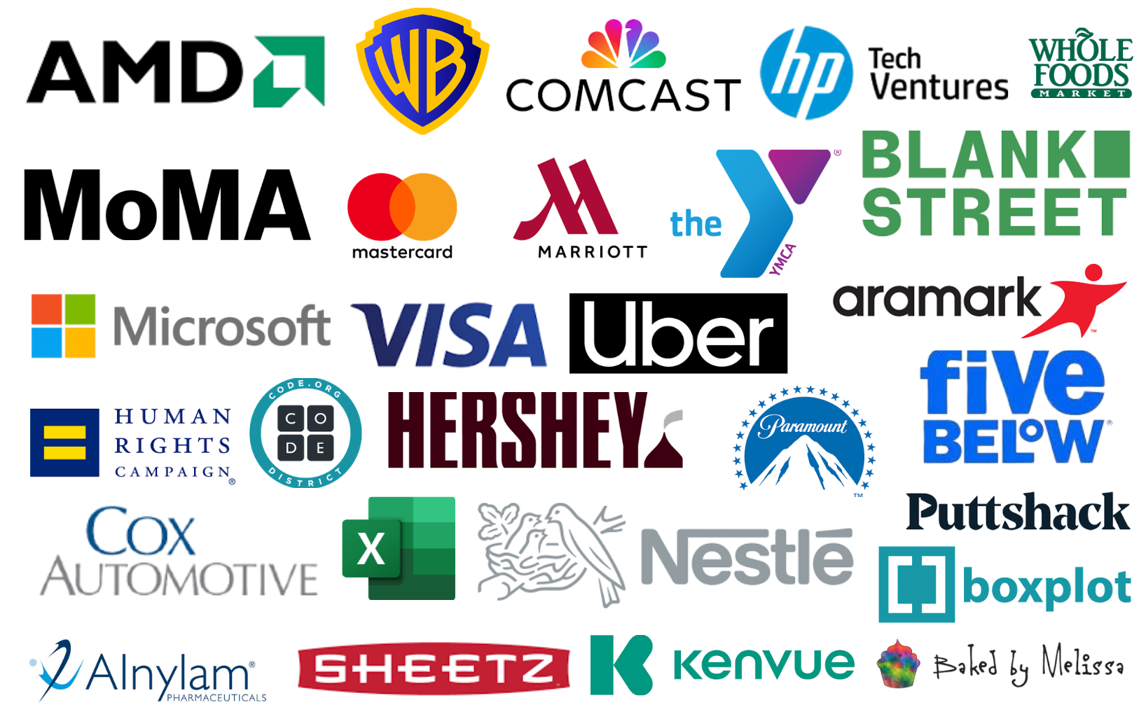 Collage of various company logos, including AMD, Warner Bros, Comcast, HP, Whole Foods Market, MoMA, Mastercard, Marriott, YMCA, Blank Street, Microsoft, Visa, Uber, Aramark, Five Below, Hershey, Paramount, Putshack, Nestle, Kenyue, Baked by Melissa, and others.