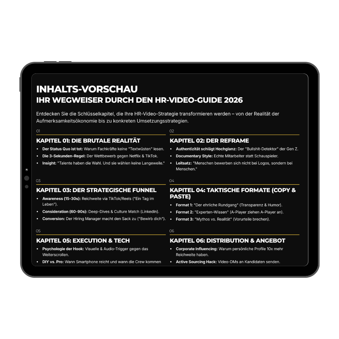 Inhaltsverzeichnis des "HR-Video-Guide 2026". Kostenloser Leitfaden von easy productions zu Recruiting-Videos, Mitarbeitergewinnung und Employer Branding Strategien.