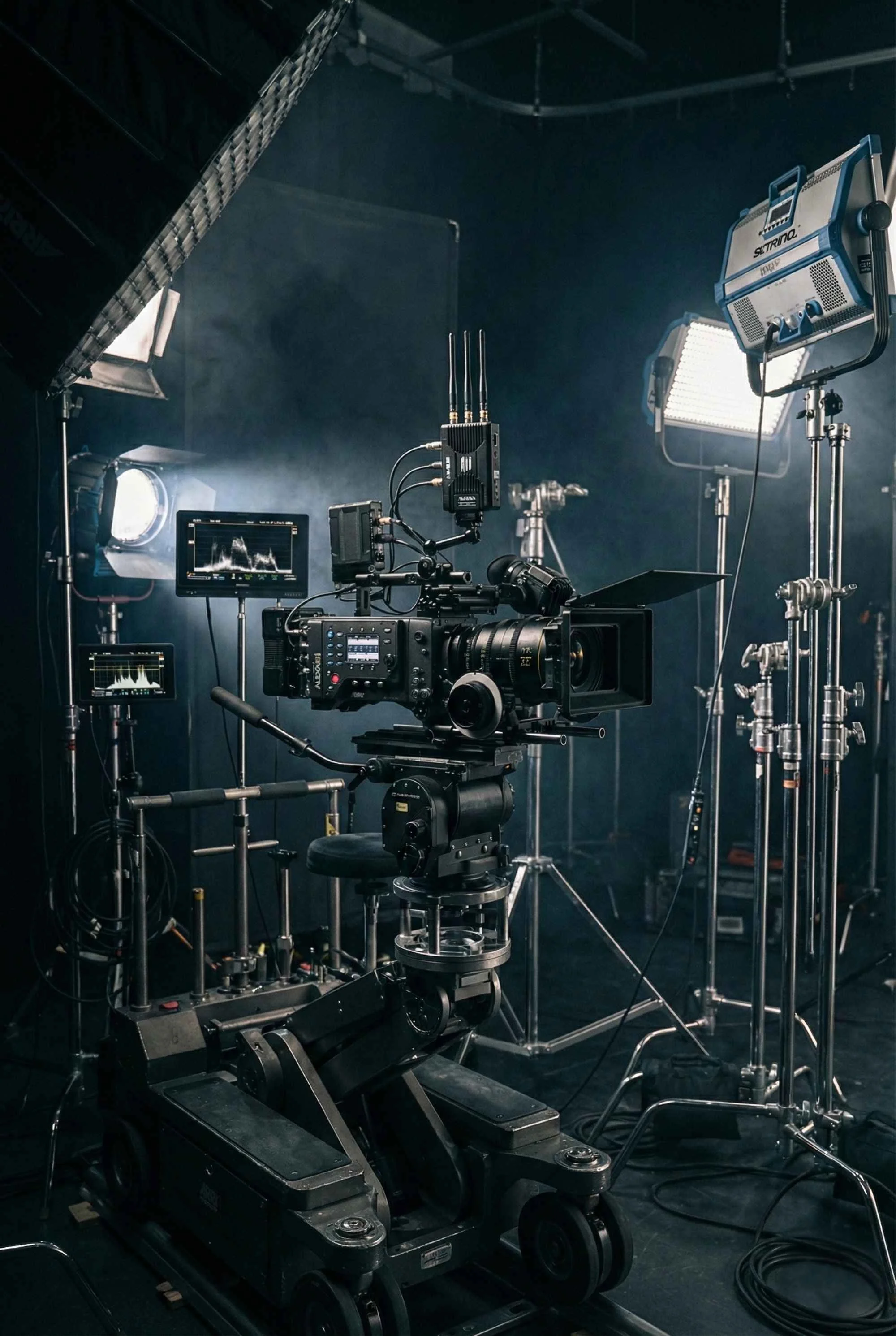Professionelles High-End Filmset-Setup mit ARRI Kamera-Rig und Studiolicht in dunkler Atmosphäre. Symbolbild für den Cinematic Tech Standard der easy productions Filmproduktion Berlin.