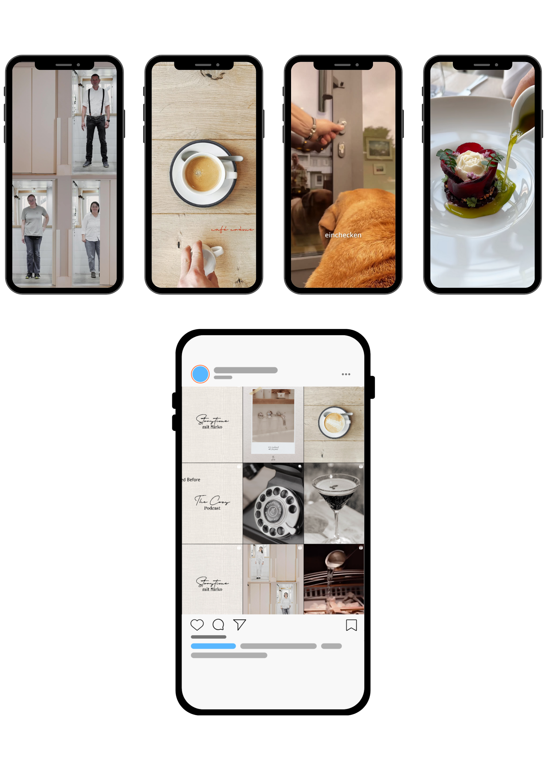 Portfolio-Übersicht auf Smartphones: Vertikale Video-Produktion (9:16) für TikTok, Instagram Reels und YouTube Shorts für Food, Lifestyle und Hotel-Kunden.
