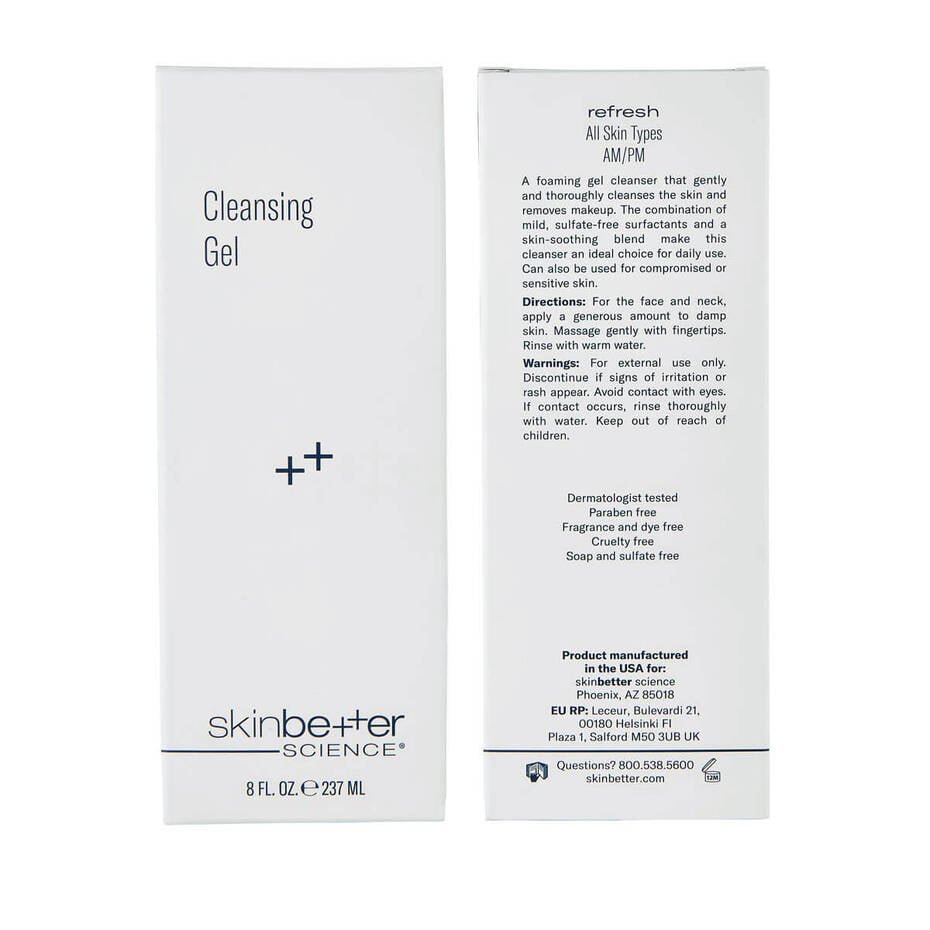 Front and back view of SkinBetter Science Cleansing Gel 237ml packaging, showcasing product details and suitability for all skin types, available at Cosmedica Australia in Bellevue Hill.