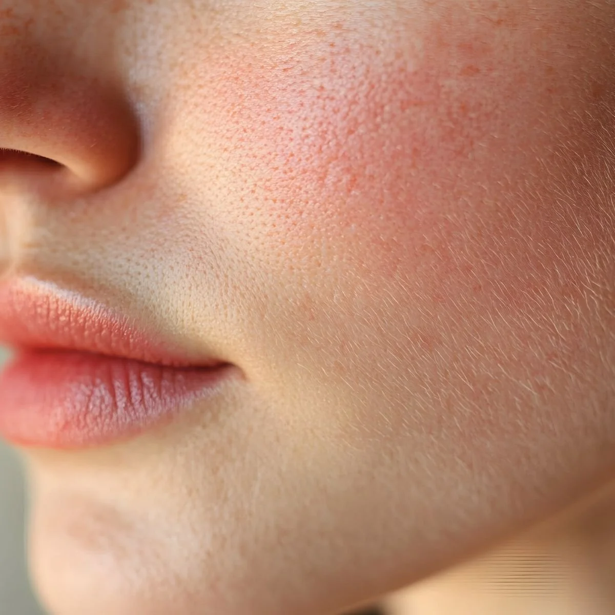 Facial skin with natural redness and visible flushing around the cheeks in soft lighting