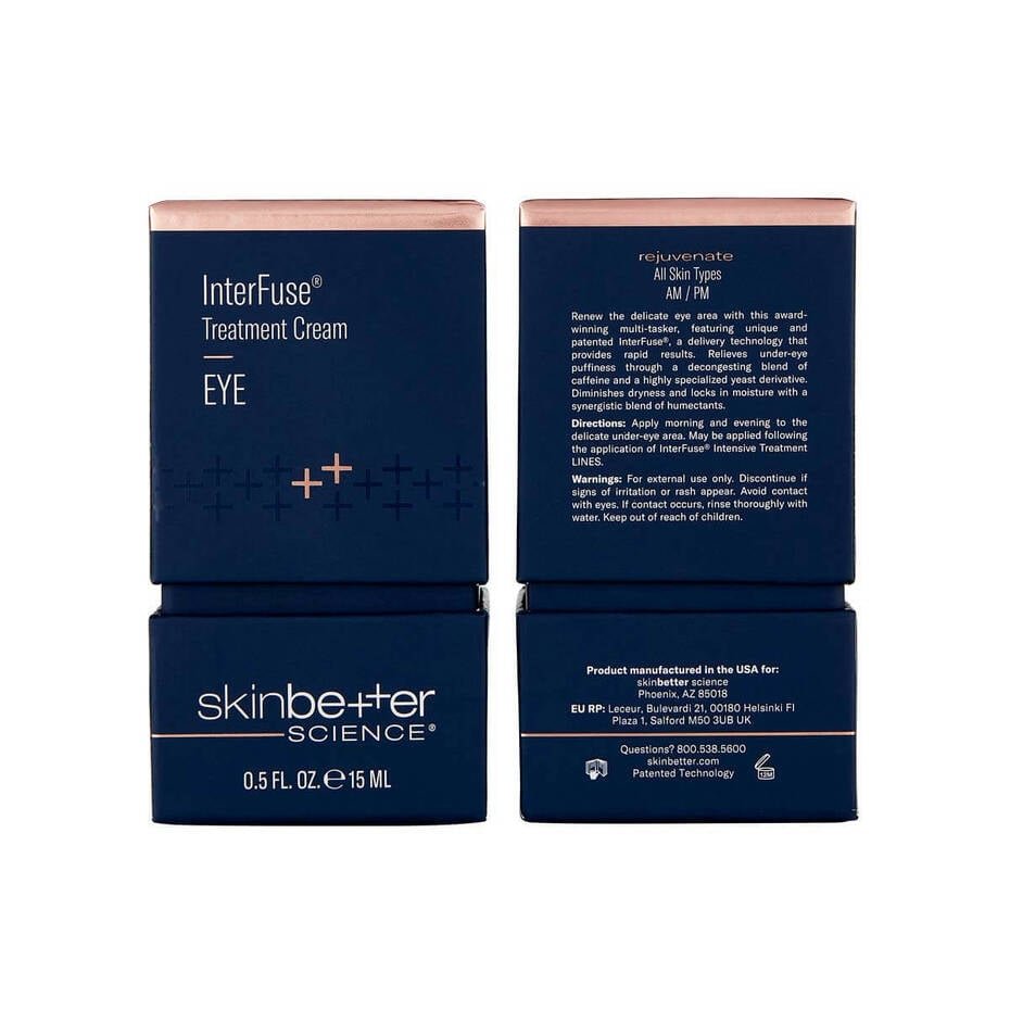 Front and back of SkinBetter Science InterFuse Treatment Cream Eye 15ml packaging, featuring advanced peptide technology, dermatologist-tested formula, available at Cosmedica Australia, Bellevue Hill.