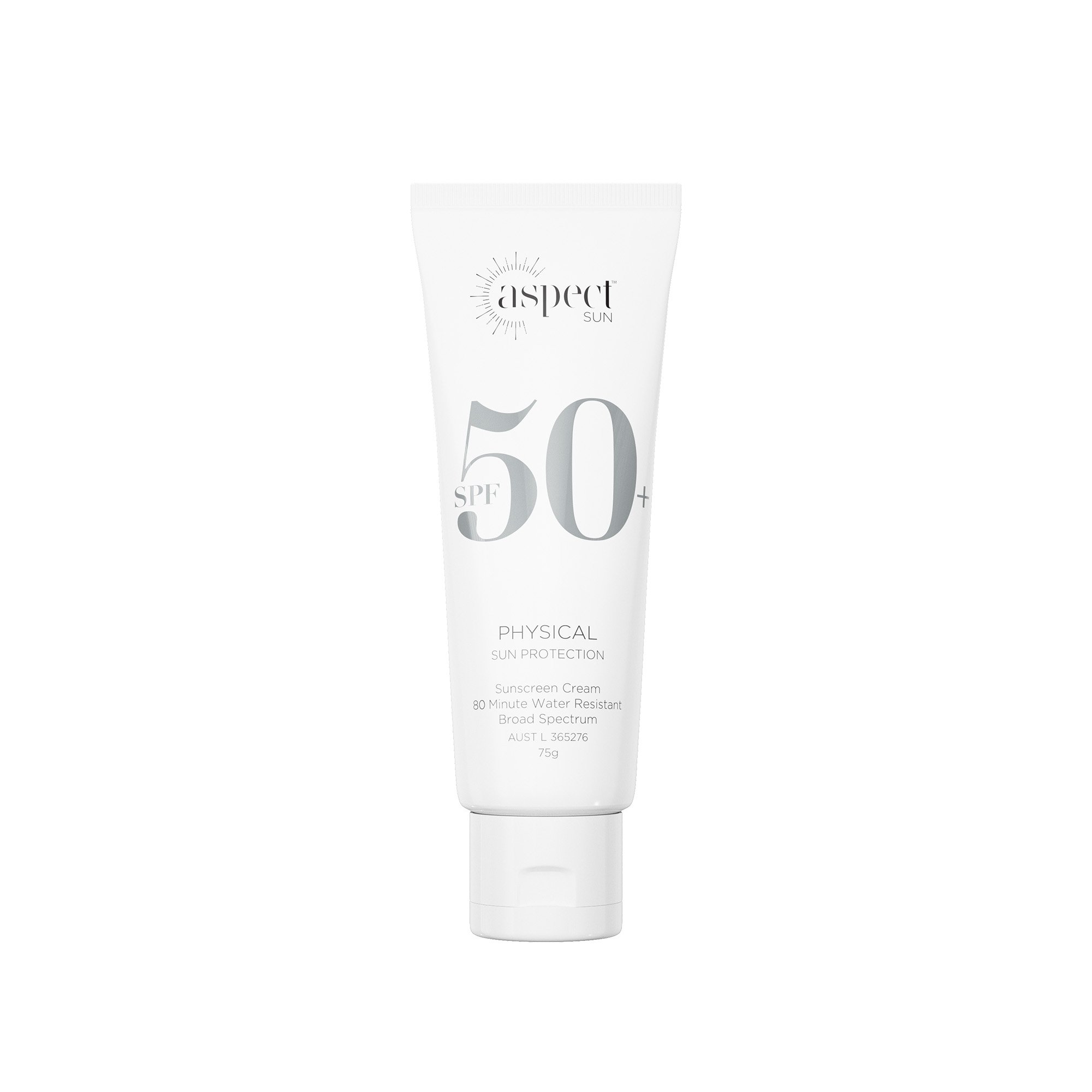 Aspect Sun Physical SPF50+ mineral sunscreen tube for sensitive skin with Zinc Oxide.