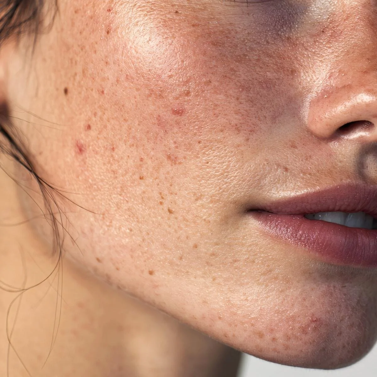 Detail of facial skin with subtle pigmentation and sun-related uneven tone in natural light