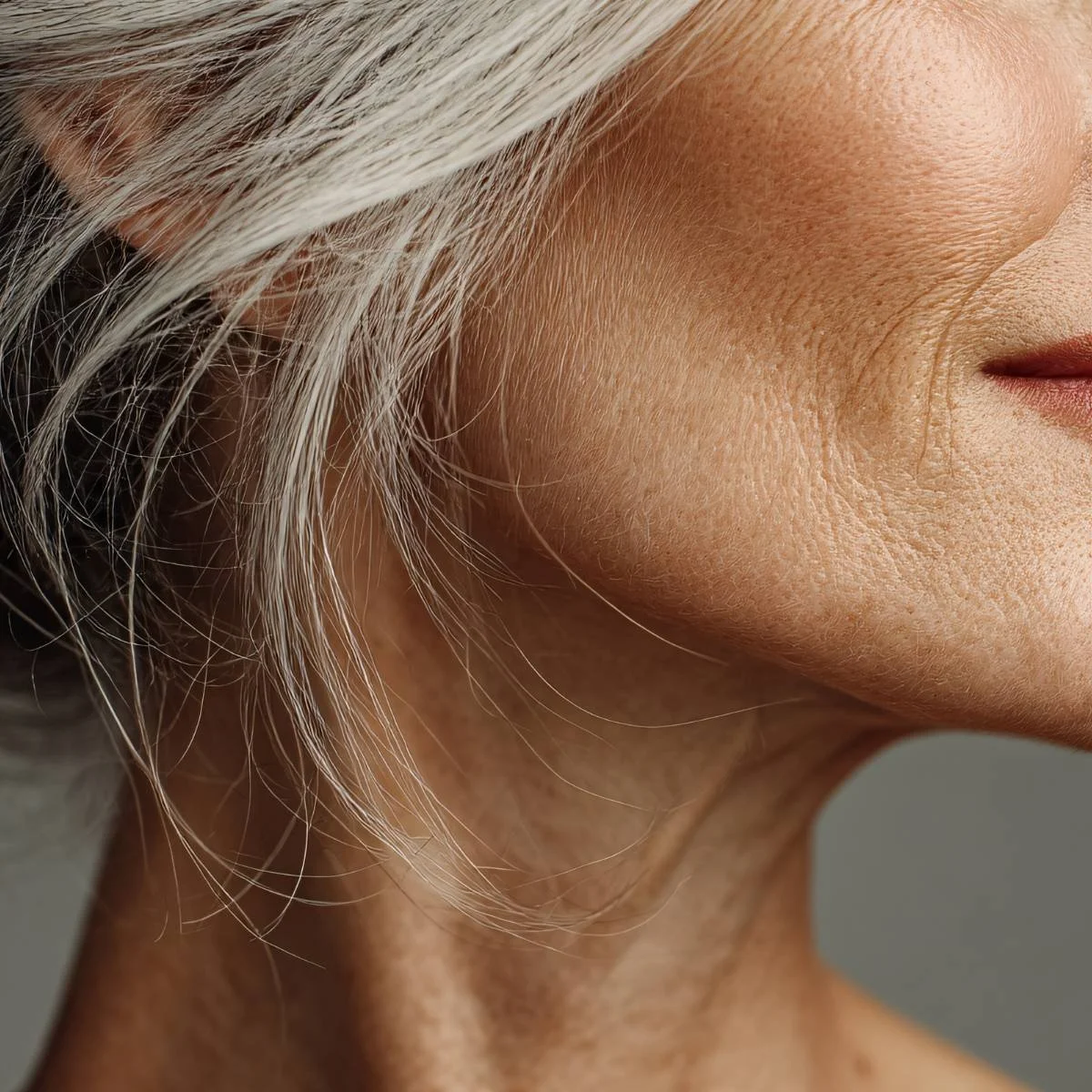 Side profile of mature facial skin showing natural skin laxity and signs of ageing