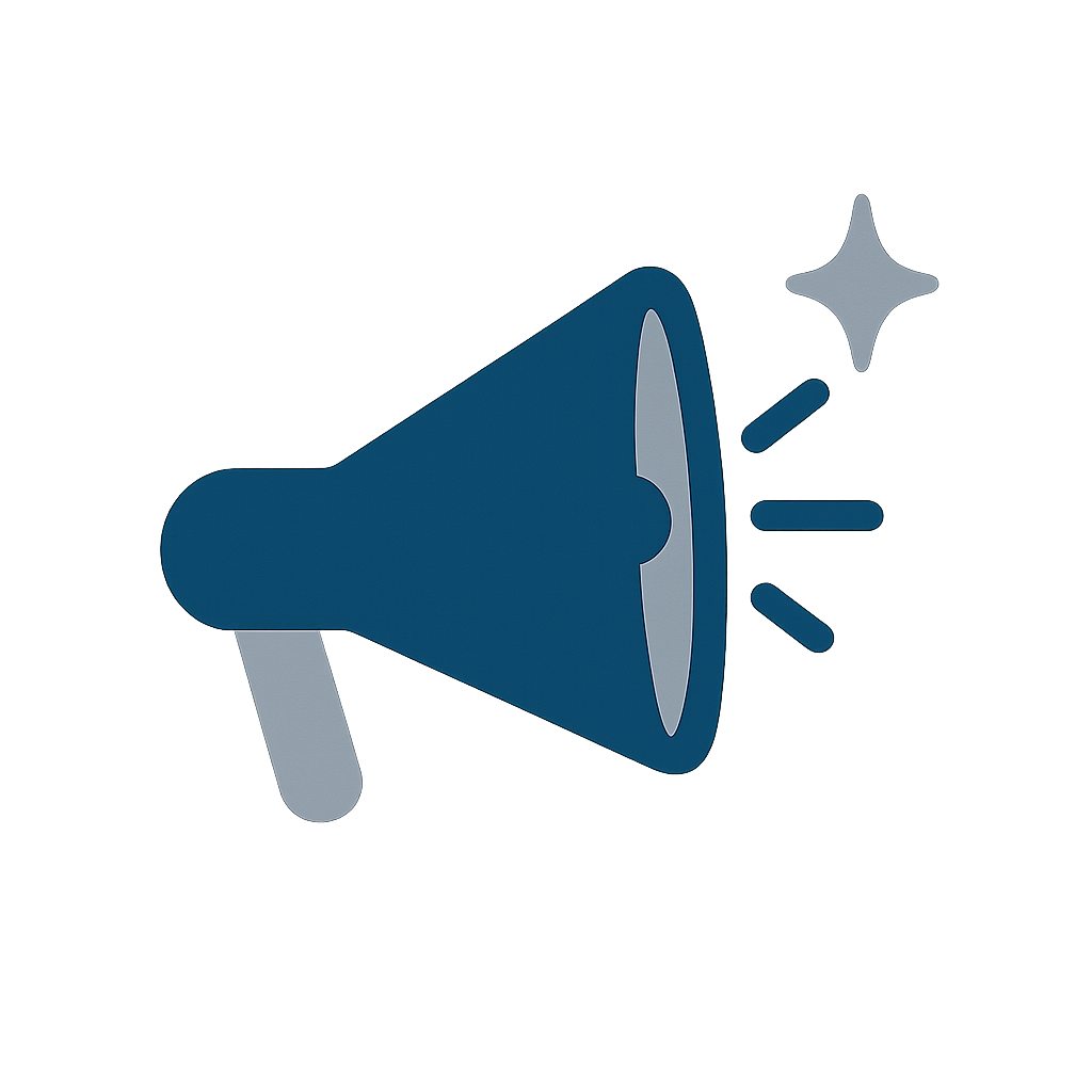 A digital illustration of a blue megaphone with sound waves emanating from it.