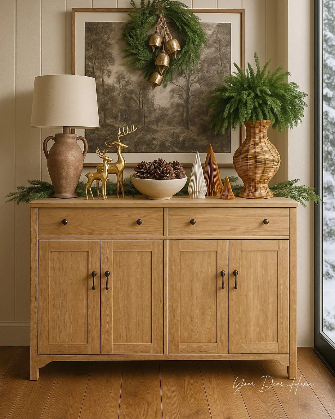 🎄✨ A sideboard that feels festive and timeless. The key? Layering natural textures with classic holiday accents.

🍂 Warm terracotta + wicker vases for that organic base
🌲 Fresh greenery + pinecones to bring in nature
🦌 Golden reindeer and bells f