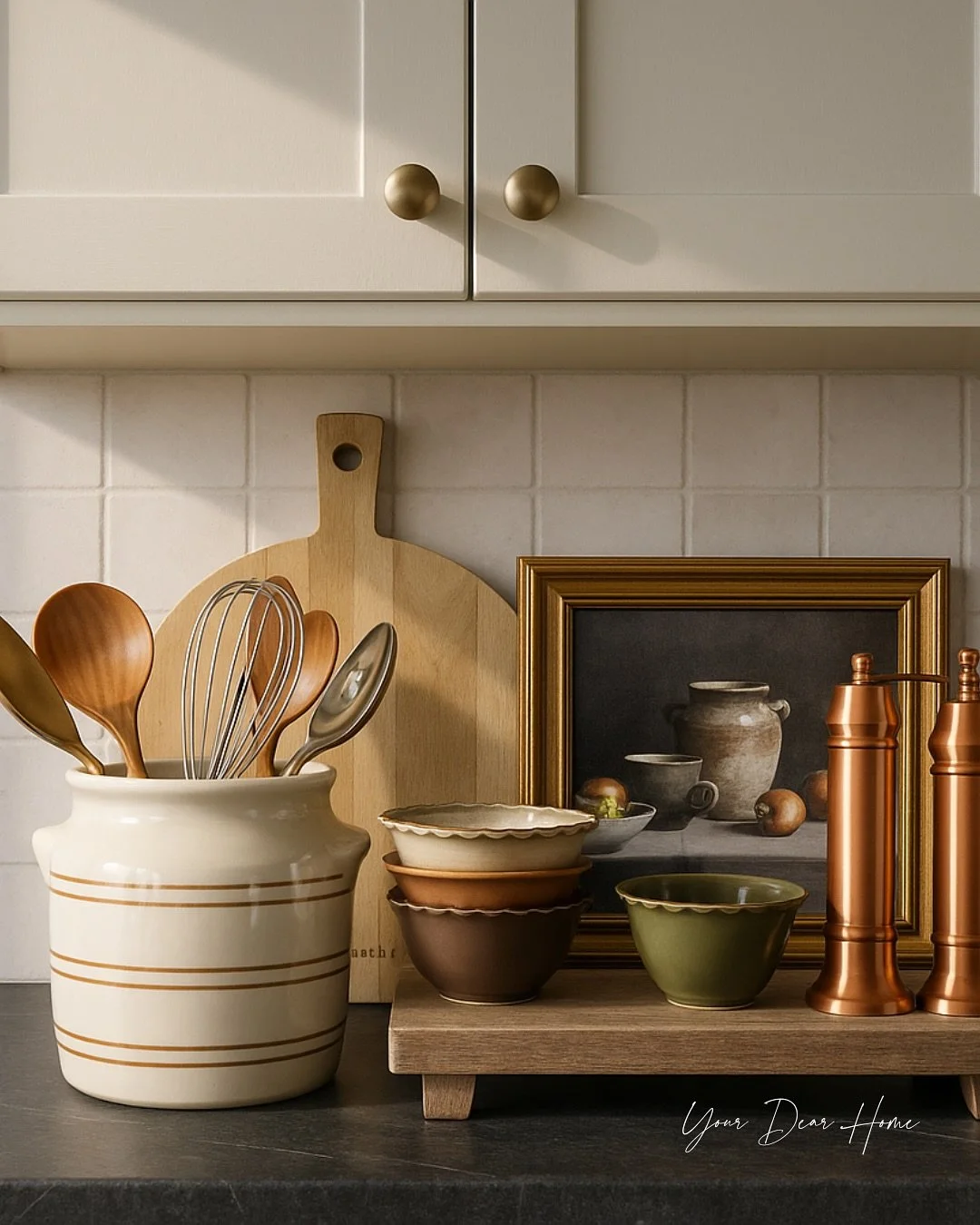 🍴✨ A styled kitchen counter instantly makes the space feel warm and intentional &mdash; and it doesn&rsquo;t take much to get that designer look.

Here&rsquo;s what makes this vignette work:
🌿 Classic ceramic utensil holder for everyday function
🍂