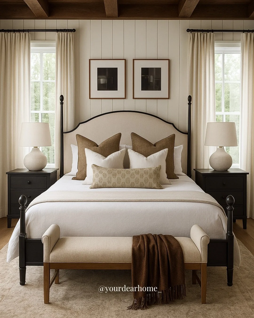 Dreaming of a bedroom that feels warm, timeless, and effortlessly pulled together? ✨ This look is all about balance&mdash;neutral layers, cozy textures, and a bold black bedframe that anchors the whole space. From the symmetry of the nightstands to t