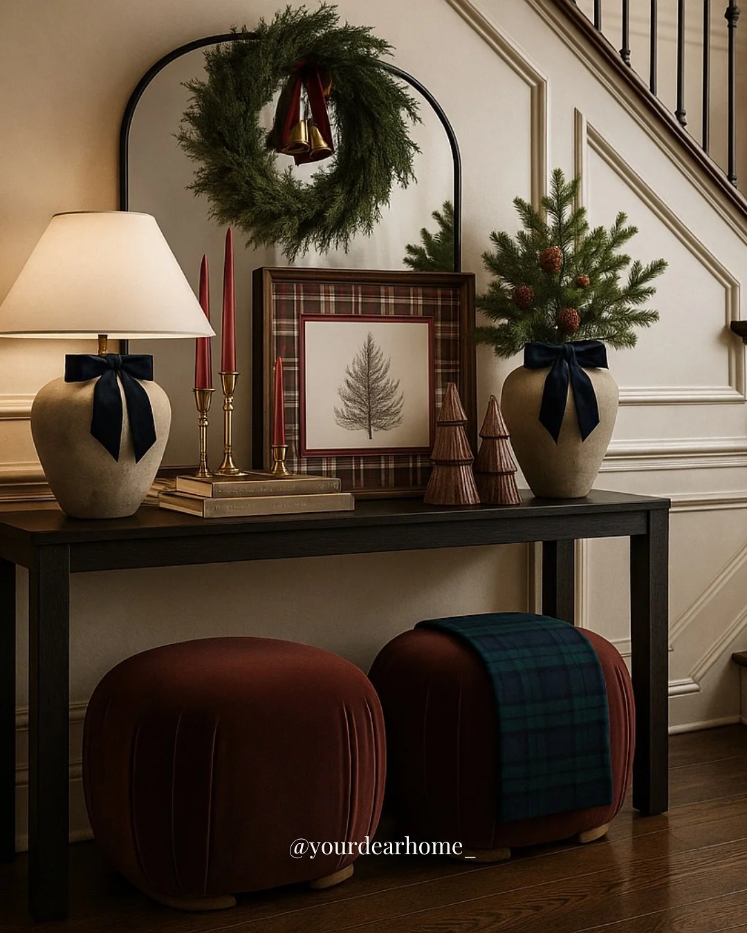 If you haven't caught on yet, Ralph Lauren-inspired looks are going to dominate Christmas style this year. And honestly, who wouldn't love the rich tones and sophisticated vibe paired with the holiday season? Here's an entryway I've designed that emb