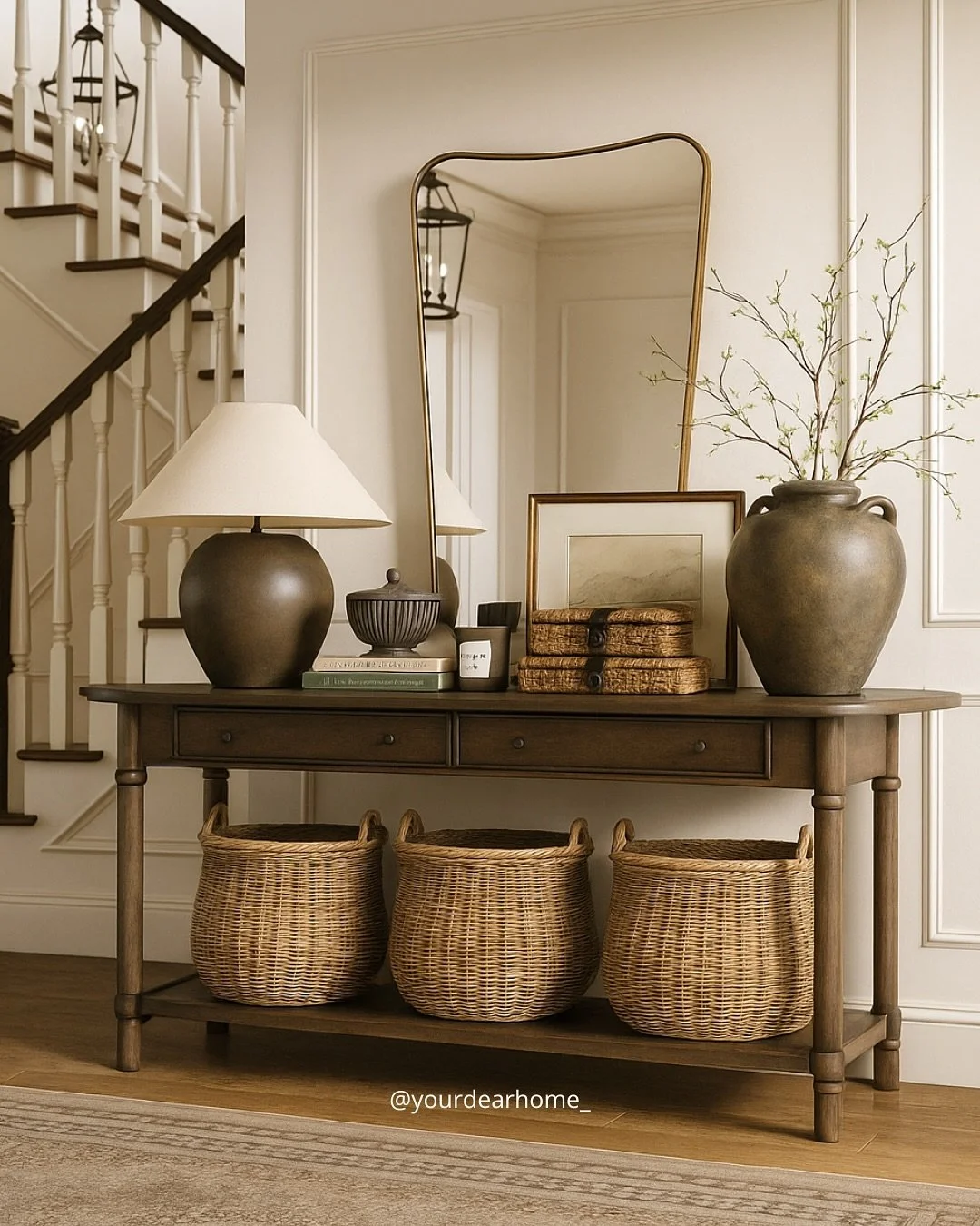 Here&rsquo;s a gorgeous entryway moodboard I designed 🤎
My favorite part &mdash; besides the warmth and earthy feel &mdash; is the long console table with its organic details. The extended surface is perfect for displaying decor pieces while creatin