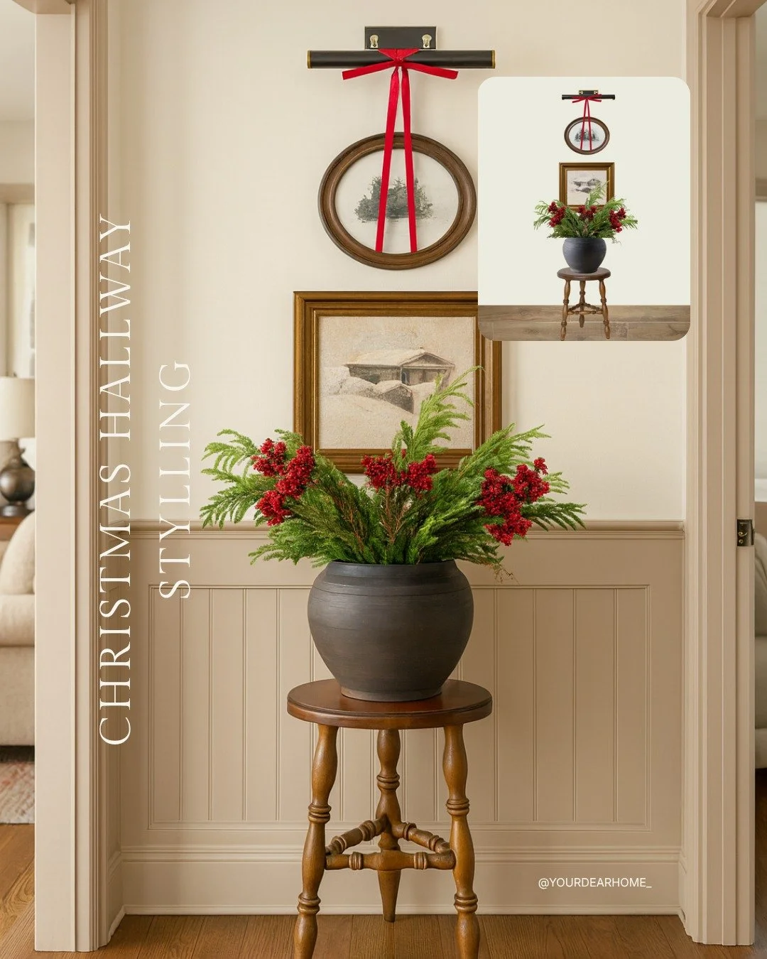 Proof that even the smallest wall can feel styled and intentional.

Layered winter art, a classic stool, and festive greens&hellip; effortless, warm, and so timeless for the holidays ❤️

📲 Comment CHRISTMAS for the full look!