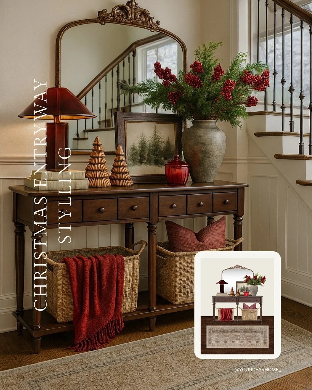 One of my favorite Christmas designs I&rsquo;ve curated this season! A vintage-inspired Christmas entryway filled with rich burgundy and cranberry reds. The real-touch Norfolk greens balance the warmth so beautifully. Lots of layering, variation in h