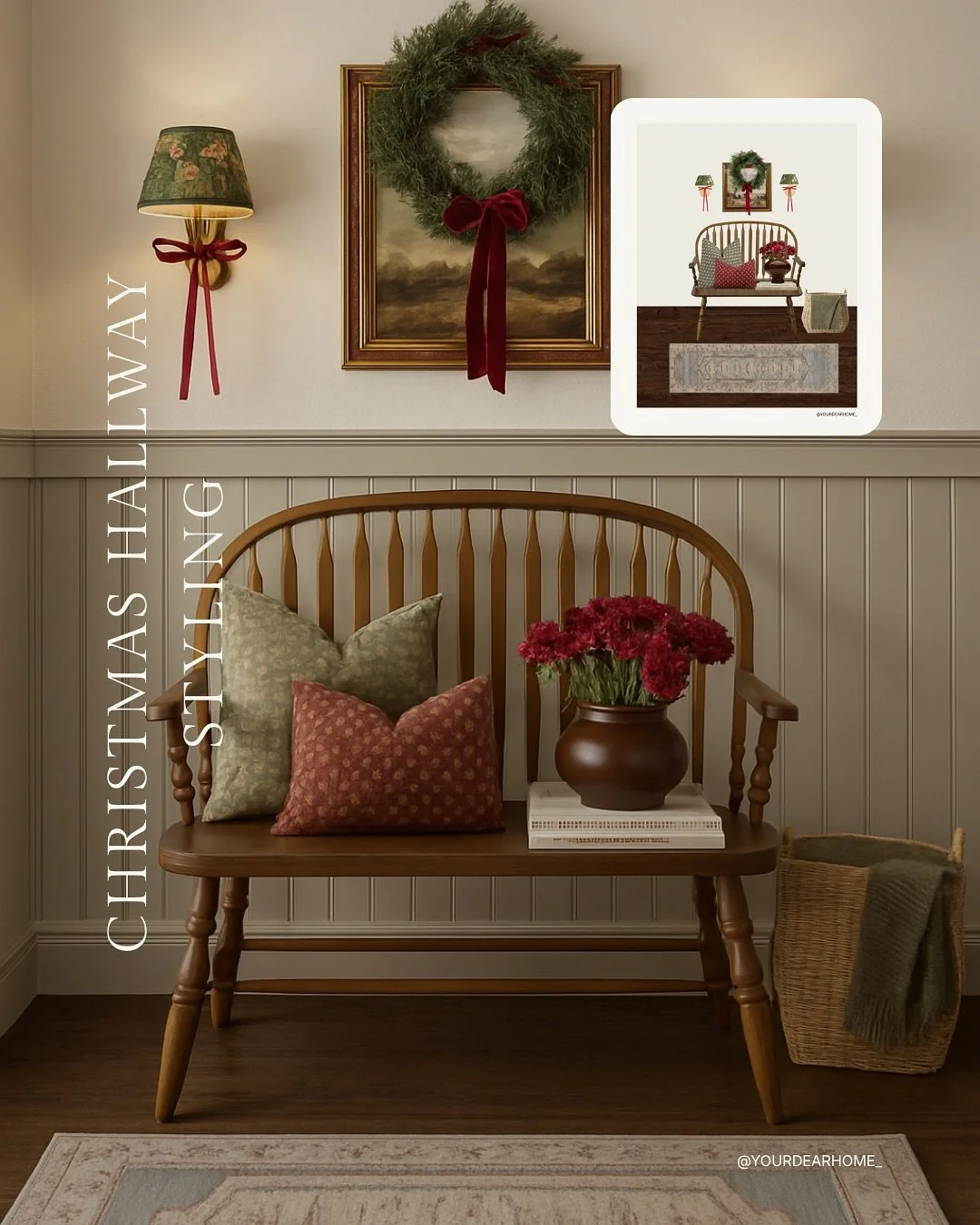 Here&rsquo;s another vintage-inspired, old-world-charm hallway styling for Christmas.
The Windsor bench, the printed lampshade, the runner rug&hellip;.so many patterns and textures working together to create that festive, collected-over-time vintage 
