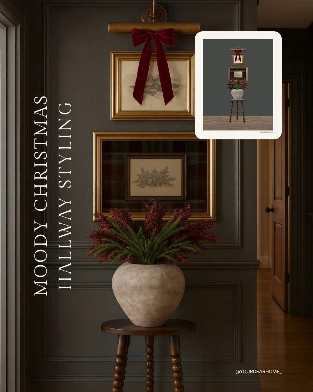 How about a moody cozy styling idea for your hallway christmas decor? 😍

The wall color is SW Rock Bottom&hellip; my personal favorite and the one I trust in my own home. It adds instant depth and makes even simple pieces look rich ❤️ 

📲 Comment H