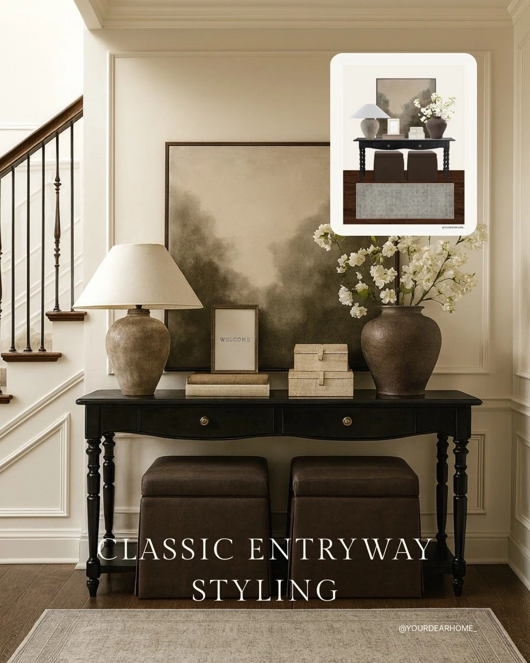Modern classic entryway styling that feels rich, quiet, and collected. The vintage console is honestly stealing the whole show&hellip; and those chocolate velvet ottomans are totally aligned with the deep, moody, luxe trends we&rsquo;re going to see 