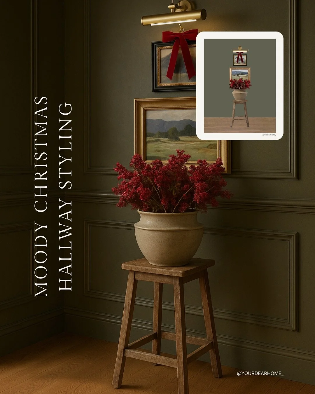 Moody Christmas but make it quiet luxury. 💚🌲

The deep greens, the vintage art, the cranberries&hellip; everything here is doing the heavy lifting without screaming holiday.

I&rsquo;ve designed this with BM Dark Olive as the wall color and I love 