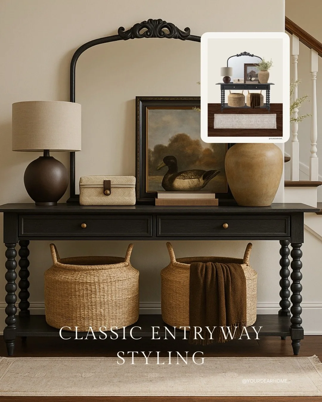 Black console table is my favorite to style. Rich, deep, perfectly modern yet classic with the leg details. Shop this look! 

Comment ENTRYWAY below to receive a DM with the link to this post on my LTK ⬇ https://liketk.it/5Achw #ltkhome
