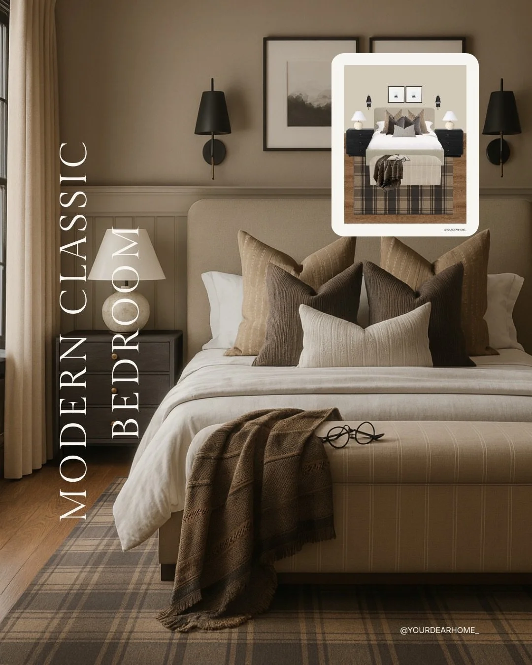 SW Mushroom is such a beautiful muddy beige color, I had to curate a masculine bedroom around it. The rich plaid rug has to be my favorite piece of this moodboard. It is a beautiful anchor in this space that takes this bedroom vibe up a notch! 

📲 C