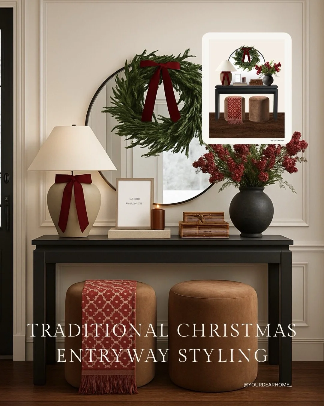 Traditional christmas entryway styling with patterns, deep tones of red and real-touch christmas greenery! The pieces are on crazy sale right now, don&rsquo;t miss it ❤️🌲

📲Comment ENTRYWAY below to receive a DM with the link to this post on my LTK