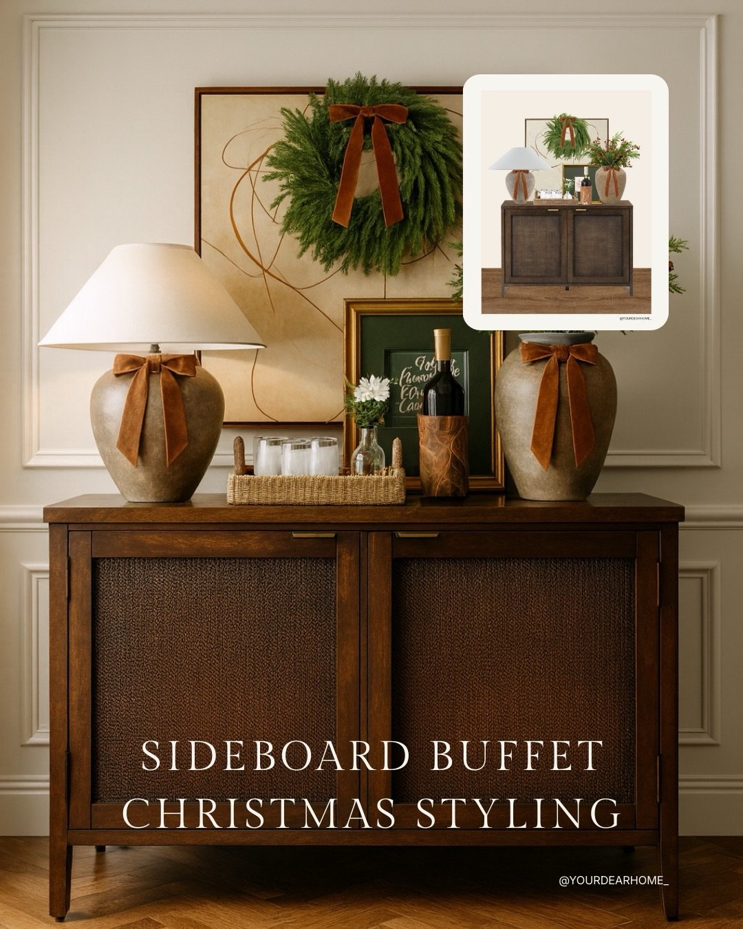 Sideboard styling is one of the easiest ways to make your dining room feel festive without going overboard.
A wreath, a couple of ribbons, some greenery, and a few cozy layers can completely change the vibe. It&rsquo;s simple, it&rsquo;s warm, and it
