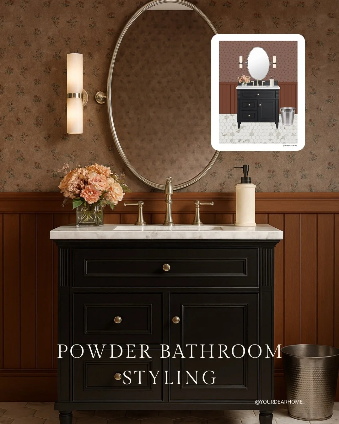 Gorgeous, moody powder bathroom styling idea 🤎
The wallpaper is beyond dreamy, and pairing it with BM Cimarron brings out the most beautiful terracotta warmth. The black vanity adds that rich contrast I love, and the marble hex tiles ground the whol