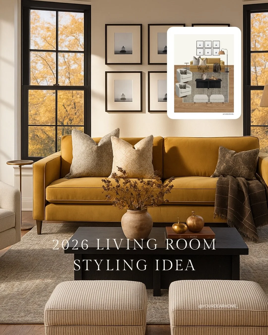 Warm, cozy, and a little bit bold, this 2026 living room styling idea is everything I&rsquo;m loving right now 🤎

Mustard tones are having such a moment next year, especially with muted maximalism sitting front and center of the 2026 design trends. 