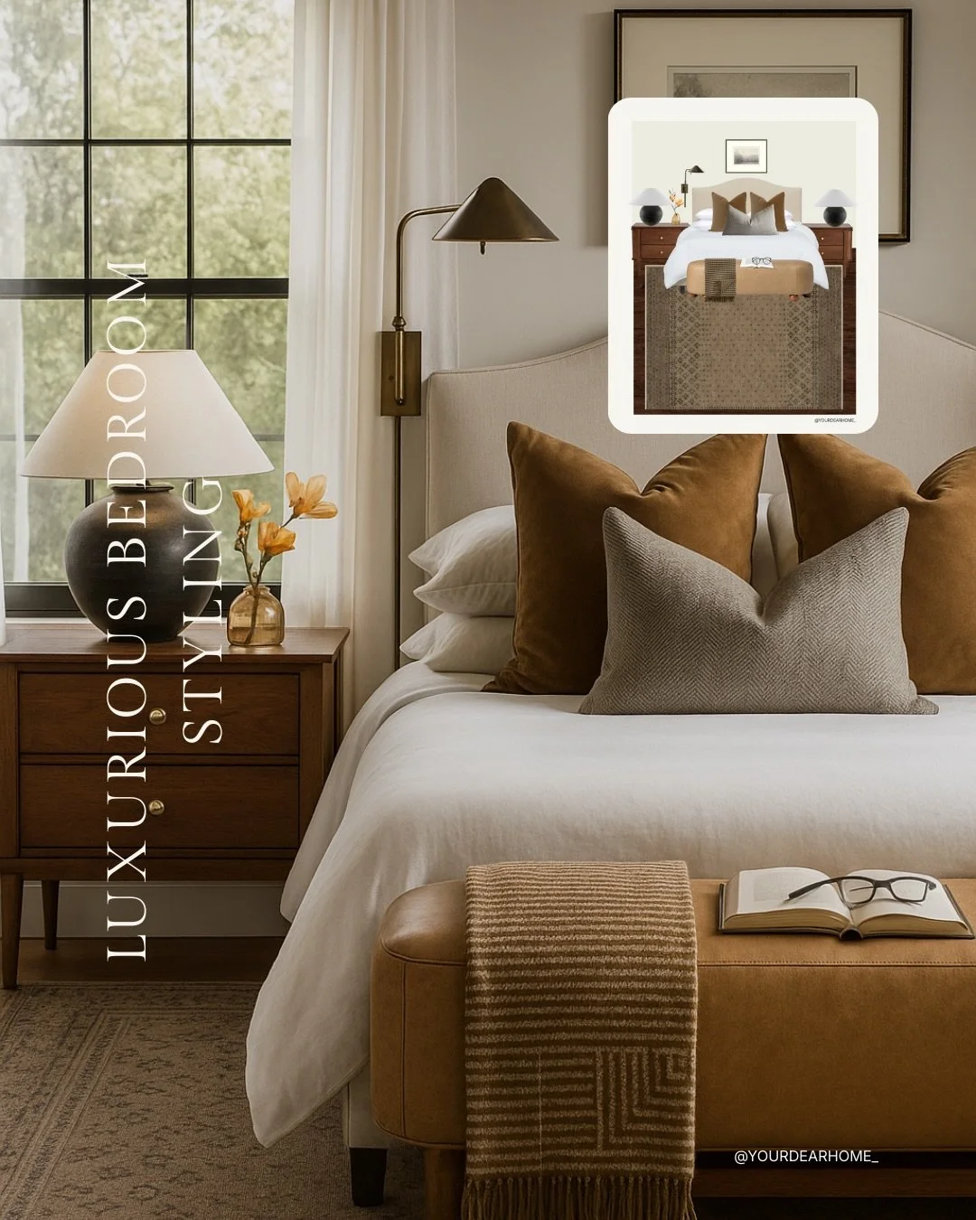 Luxurious doesn&rsquo;t have to mean complicated.
This bedroom is the perfect example! With warm neutrals, rich caramel tones, and layered textures that instantly make the space feel intentional and high-end. When your pillows, rug, bench, and artwor