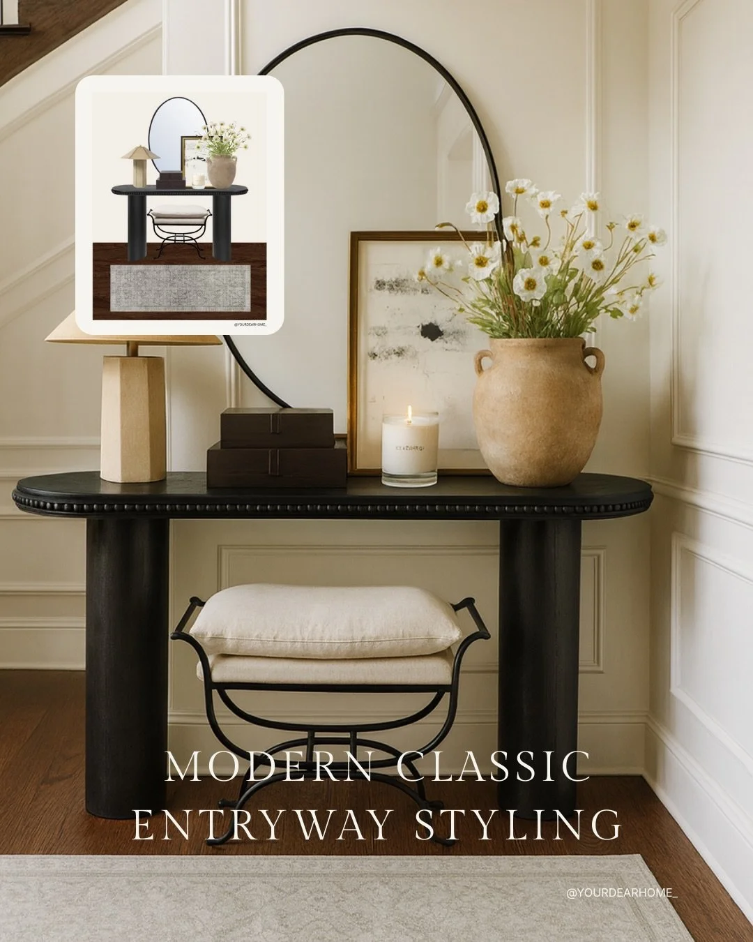 Modern classic entryway styling on a budget!
This look proves you don&rsquo;t have to spend a lot to make your entryway feel high-end. A clean mirror, a couple of layered textures, and one good vase can completely change the vibe of the space. Small 