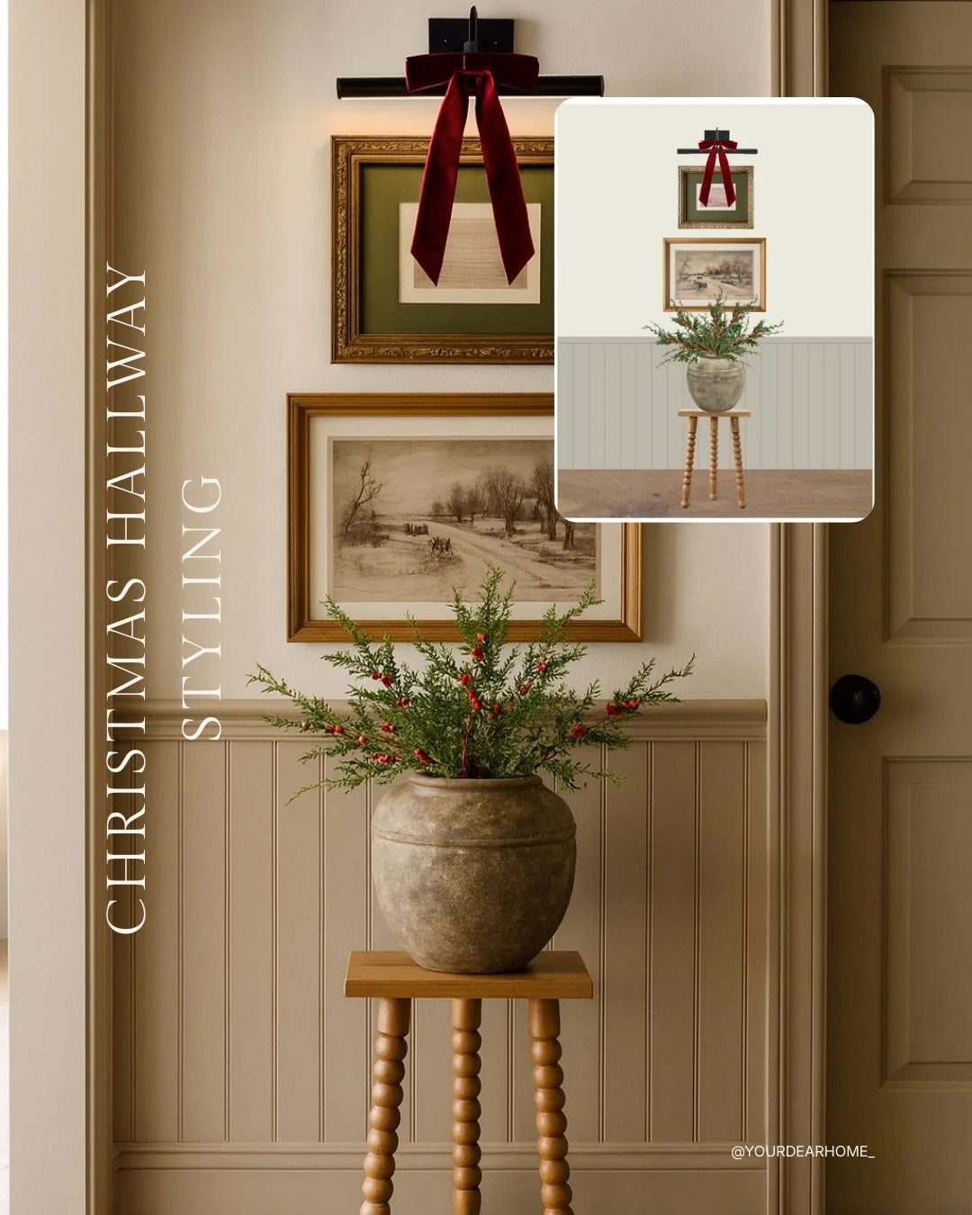 Neutral Christmas styling for the hallway that feels soft, classic, and just a little bit festive.

I kept the palette warm and understated with BM Swiss Coffee walls, SW Accessible Beige trim, vintage art, and the tiniest pop of red from the greener