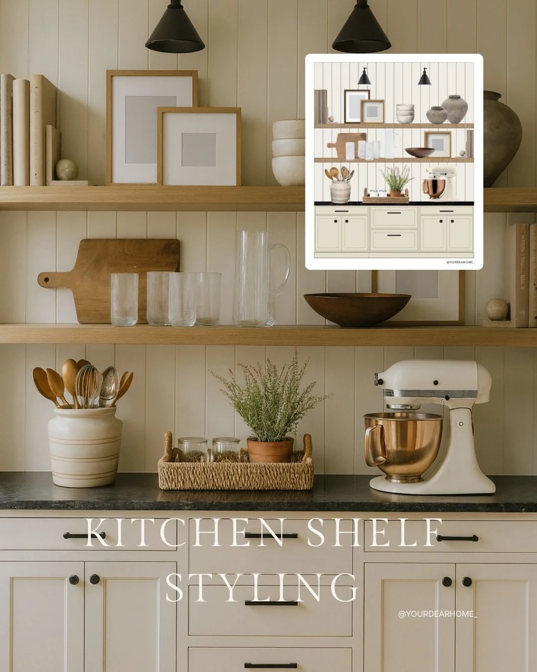 If you have open shelves in your kitchen, this is a gorgeous styling idea for you 🤍 And even if you don&rsquo;t, there are so many pieces here you can still incorporate throughout your kitchen.

I&rsquo;ve used BM Creamy White for the cabinets and B