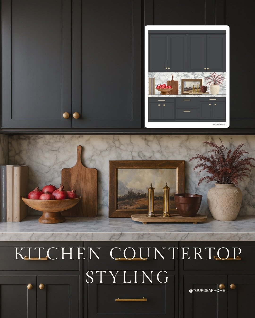 Moody kitchen cabinets are set to have their quiet luxury moment for 2026 and this deep, muted tone is exactly why. 

I used BM Midnight Oil for the cabinets, rich, dramatic, but still timeless. Mixed with the soft burgundy and deep red accents, it a
