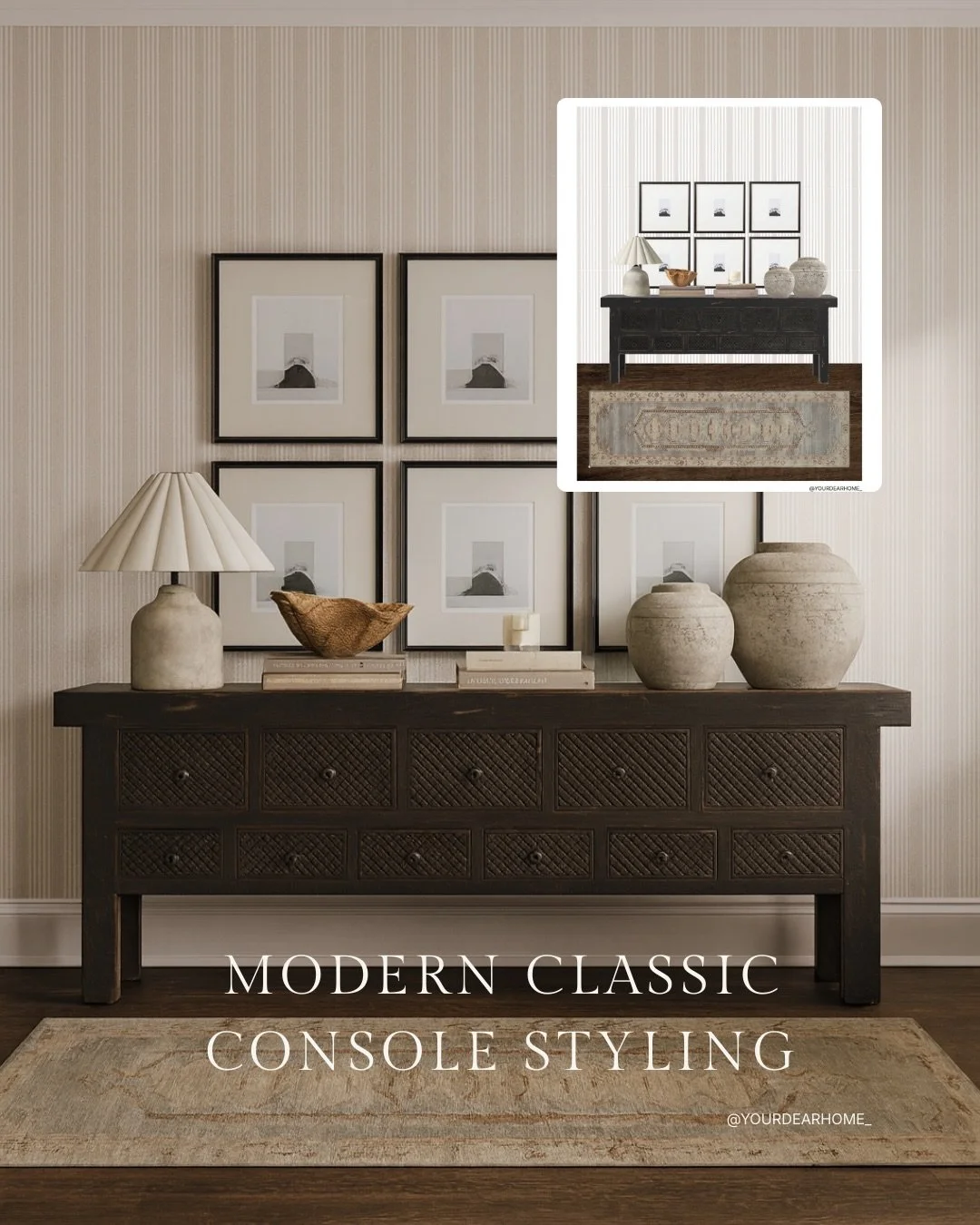 I loveee this vintage inspired console so much! Paired with striped wallpaper and gallery wall gives it a modern classic look and just enough contrast to keep things interesting. This is my idea of effortless living room styling! 

Comment CONSOLE be