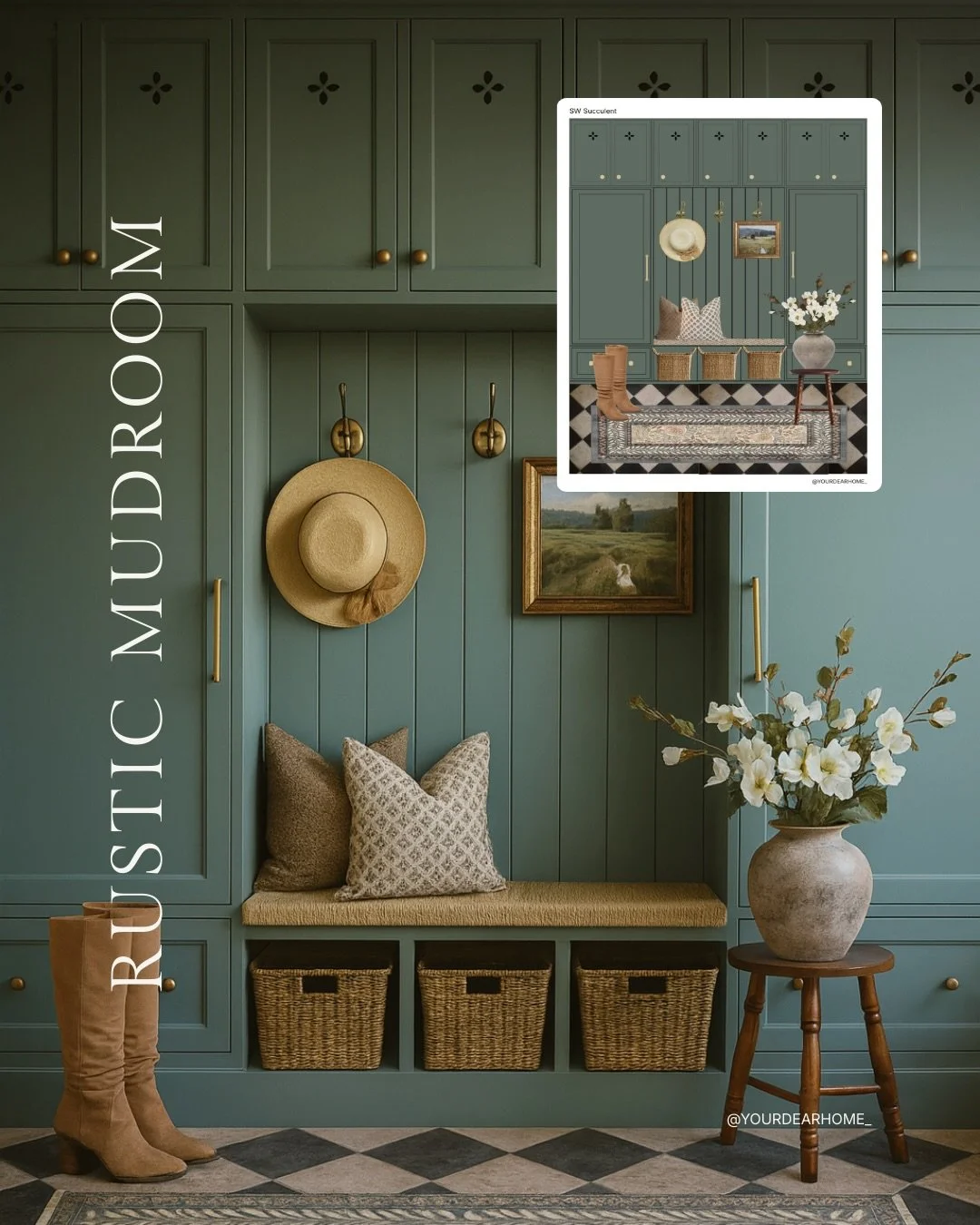 This rustic mudroom came together so nicely. The green feels fresh but grounded, the checkered tile adds just the right amount of character, and the whole space feels both pretty and practical. Exactly how a mudroom should feel! 

Comment MUDROOM bel