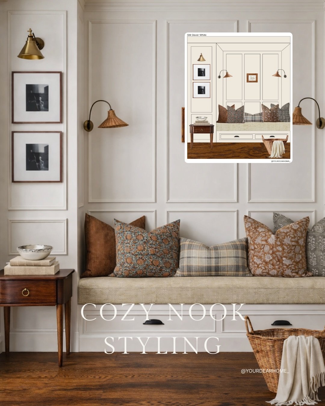 Here&rsquo;s a winter inspiration with a cozy, warm, inviting vibes! This little nook is proof that details matter. Picture frame molding instantly makes a wall feel elevated, and keeping the panels evenly spaced is what gives it that calm, finished 