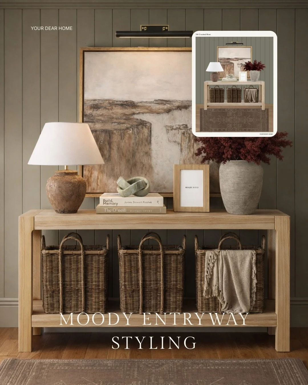 Moody, grounded, and quietly doing the most 🤎 This is the kind of entryway that sets the tone the second you walk in. Deep, moody walls, warm earthy accents, practical storage that actually looks good, and layers that make it feel high-end. 

Commen