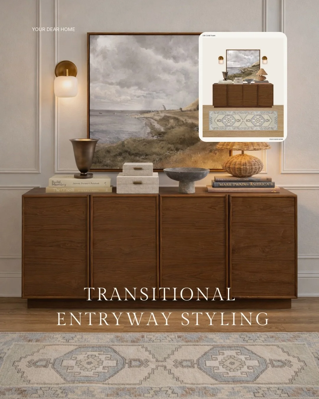 This is one of those entryways that sits right in the middle. Clean-lined furniture, warm wood, and simple art all working together. Nothing feels too modern or too traditional, which makes it really easy to live with and easy to update just by swapp